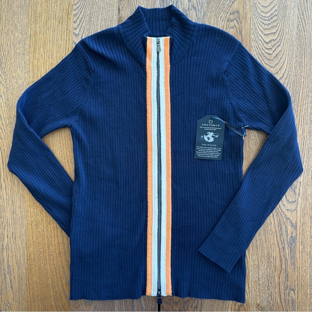NWT Anatomie Charlize Navy Zip-Up Ribbed Travel Sweater Orange Cream Stripe - Picture 2 of 14
